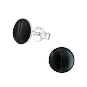 7mm Black Circle Silver Earring Studs