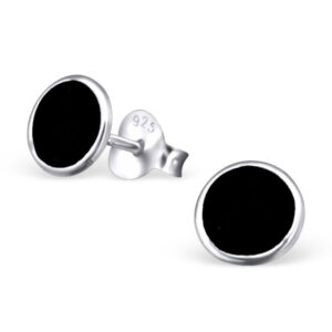 7mm Black Circle Silver Earring Studs