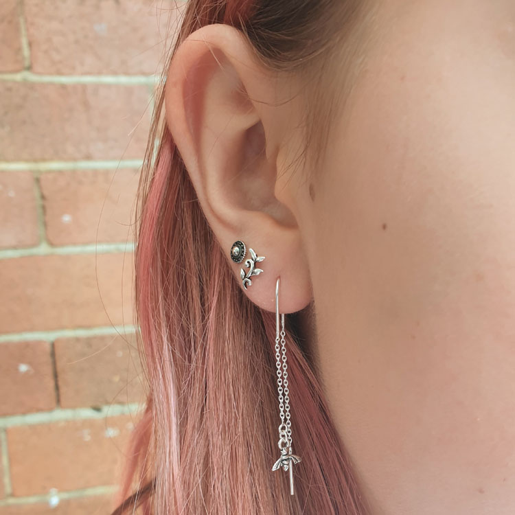 Bee Charm Bar Threader Silver Earrings 
