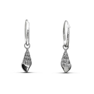 Patterned Cone Shell Silver Hoop Charm Earrings