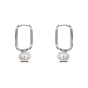 Pearl Oblong Silver Hoop Earrings