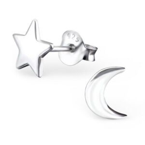 Moon and Star Silver Stud Earrings