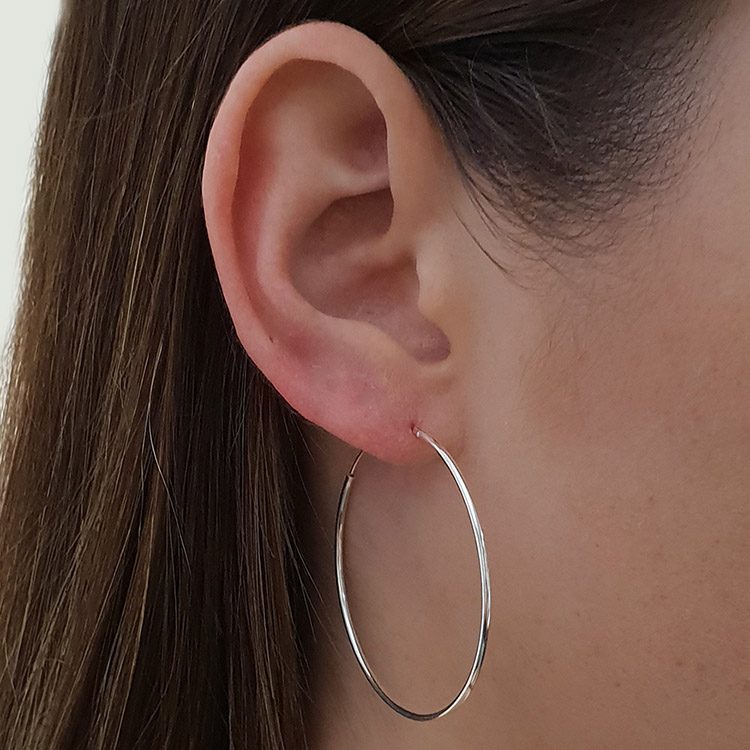 92.5 Sterling Silver One Side Beaded Hoop Earrings