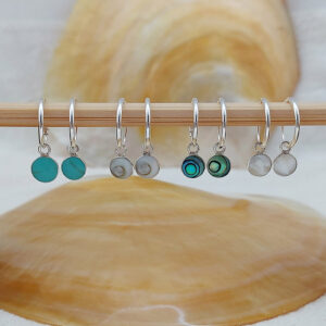 White Shells Disc Charm Silver Hoop Earrings