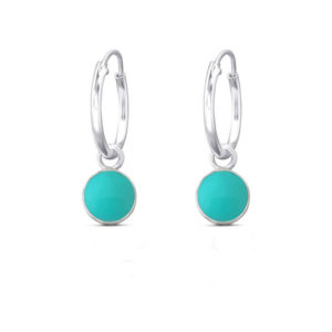 Turquoise Disc Charm Silver Hoop Earrings