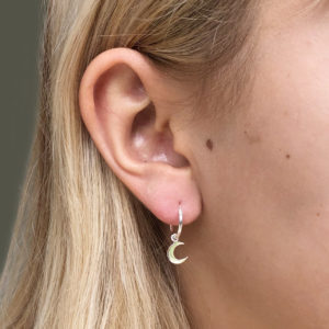 Crescent Moon Silver Hoop Charm Earrings