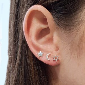 Moon and Star Silver Stud Earrings