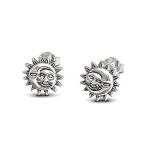 Smiling Sun Moon Silver Stud Earrings