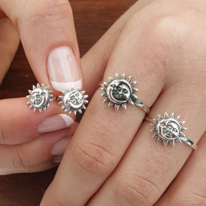 Smiling Sun Moon Silver Stud Earrings