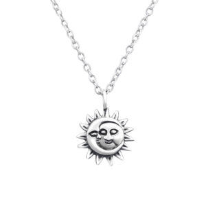Smiling Sun and Moon Silver Necklace