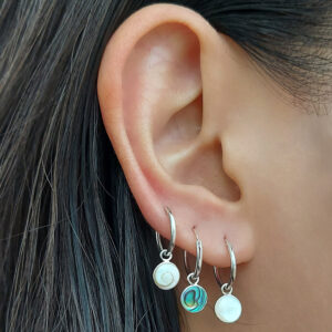 White Shells Disc Charm Silver Hoop Earrings