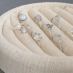 3 Bead Rainbow Moonstone Silver Ring