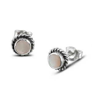 Rope Edge White Shell Silver Earring Studs