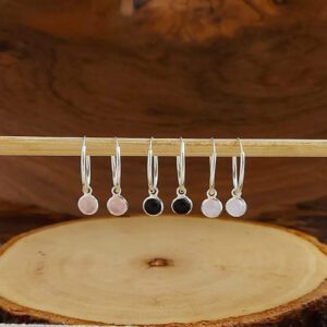 5mm Circle Rose Quartz Medium Hoop Charm Earrings