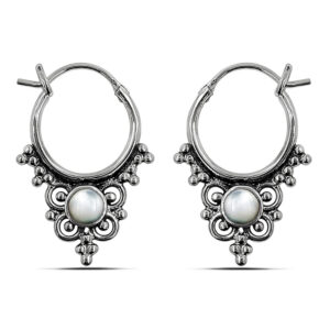 Beads and Flower Silver Hoops