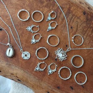 Beads and Flower Silver Hoops