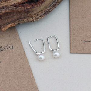 Pearl Oblong Silver Hoop Earrings