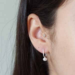 Pearl Oblong Silver Hoop Earrings