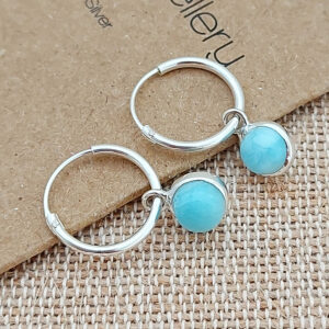 5mm Circle Larimar Silver Hoop Charm Earrings