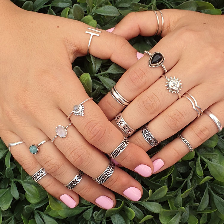 Antique Set of 11 Oxidised Silver Colour White Pearl Bohemian Midi Rings  for Women - Karat Cart