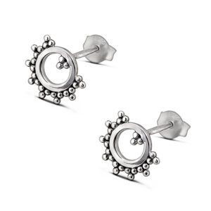 Beaded Circle Silver Stud Earrings