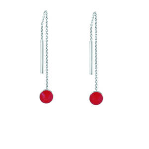 Small Red Disc and Bar Threader Silver Earrings