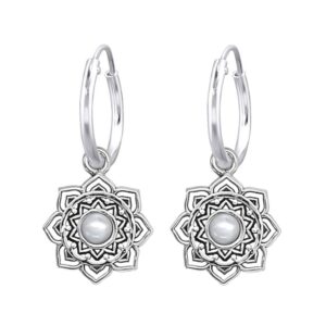 Mandala Flower Shell Silver Hoop Earring