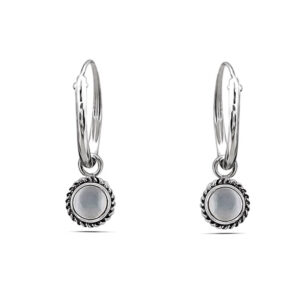 925 sterling silver round rope white shell hoop earrings with 12mm diameter and hinged closure