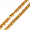 Close-up of a gold chain necklace with interlocking links and a lobster clasp against a white background.