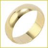 A simple, shiny gold wedding band is shown against a plain white background with a thin yellow border.