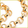 Close-up of a shiny gold chain with round links on a white background.