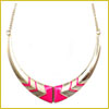 Gold necklace with angular pink and gold geometric design, displayed on a white background.