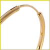 Close-up of a gold hoop earring with a clasp, set against a white background with a thin yellow border.