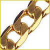 Close-up of a gold chain with large, flat, interlocking links on a white background.