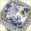 Close-up of a square-cut diamond ring with a halo of smaller diamonds set in a silver band.
