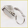 A small, silver, lever-back earring with a rectangular, faceted stone, displayed on a white background.