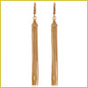 Gold-tone long tassel earrings with thin chain strands, shown against a white background with a yellow border.