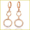 Gold drop earrings with small hoops, each featuring a circle adorned with tiny clear stones at the bottom.