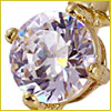 Close-up of a round, faceted gemstone set in a gold prong setting, sparkling with reflections.