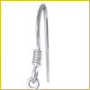 A silver earring hook with a coil and small loop at the bottom on a white background.