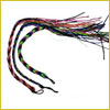 Three colorful braided friendship bracelets with loose string ends on a white background.