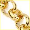 Close-up of shiny gold chain links against a white background with a thin gold border.