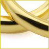 Two shiny gold wedding bands overlapping on a white background, with a thin gold border around the image.