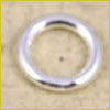 A shiny silver metal ring lies on a beige surface, positioned near a small dark spot.