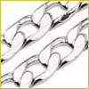 Close-up of two shiny silver chains with large, flat, interlocking links against a white background.