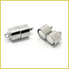 Two silver cylindrical magnetic clasps, one assembled and one separated, shown on a white background.