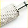 Close-up of a metal audio jack with a textured grip and a silver connector against a white background.