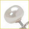Close-up of a single white pearl earring with a silver post, set against a white background.