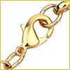 Close-up of a gold chain with a lobster clasp on a white background.