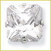A close-up of a square-cut, clear gemstone set in a simple prong setting against a white background.